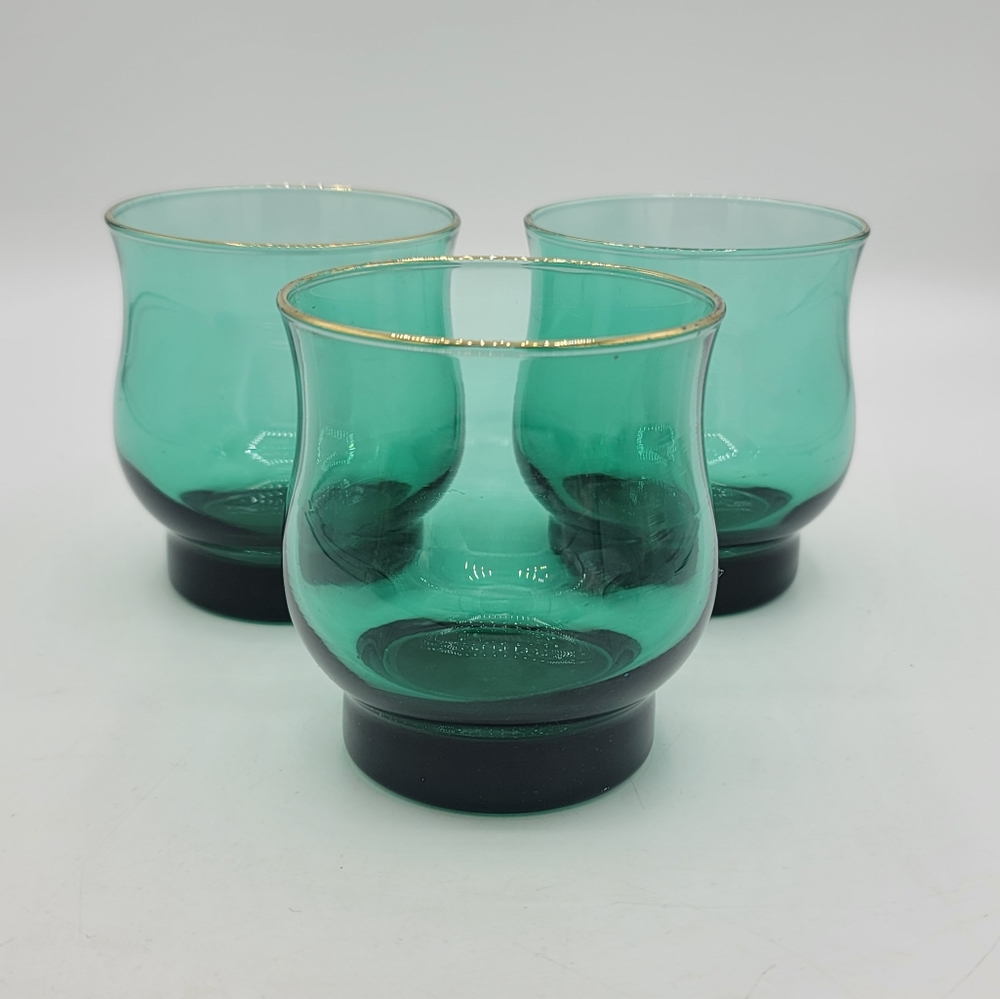 Libbey Juniper Green Gold Rim Tulip Highball Glasses Set of 3 Midcentury Vintage